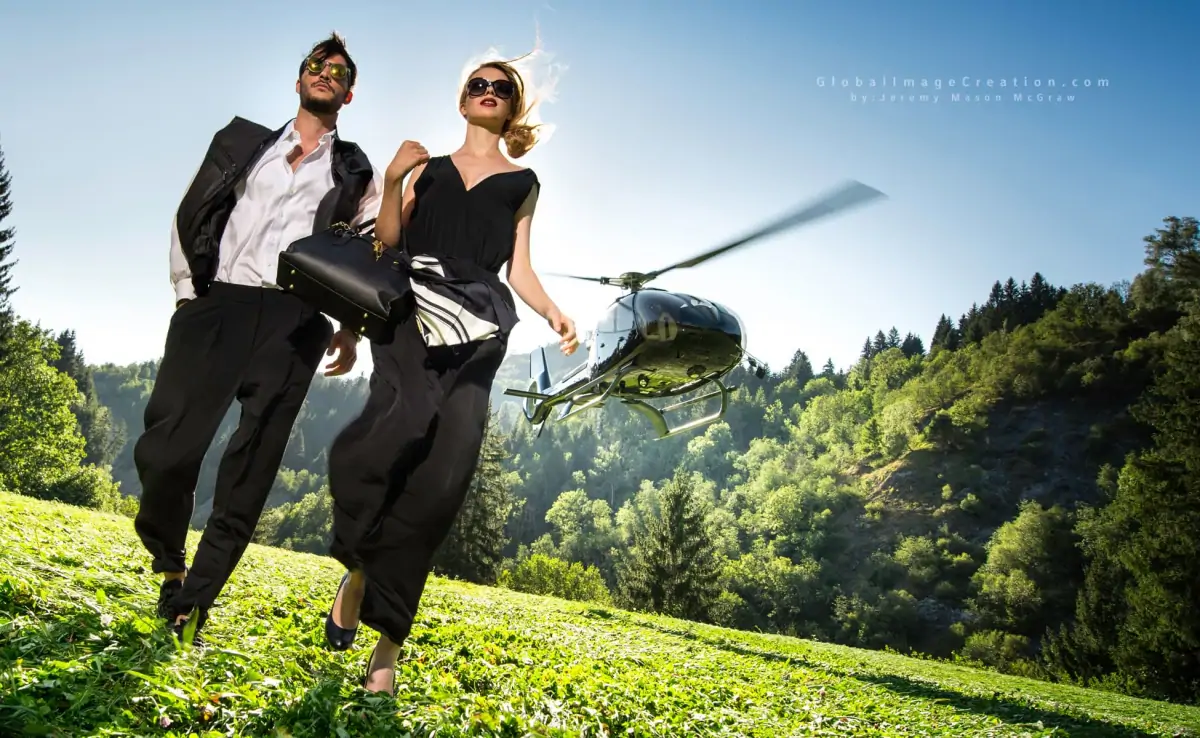 A Couple Exits Their Private Helicopter Vals Switzerland 7132 Hotel Spa