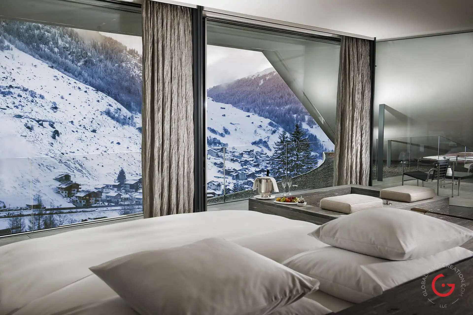 Hotel Photographer of Kengo Kuma Suite Winter View At 7132 Hotel, Vals Switzerland