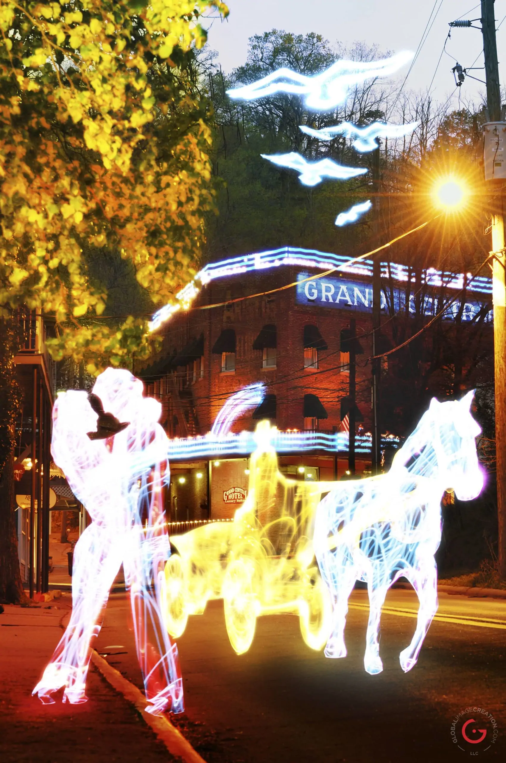 Horse Drawn Carriage by the Grand Central Hotel, Light Painting Photography from Public Art Project Electric Vision - Eureka Springs, Arkansas