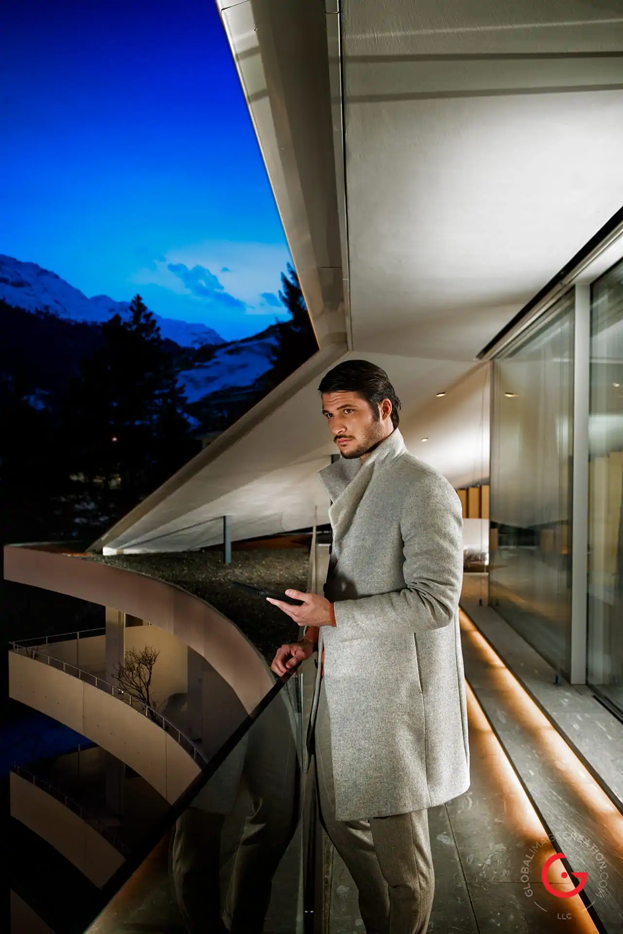James Bond Style Man at Kengo Kuma 7132 Hotel Suite, Hotel Photographer - Vals Switzerland