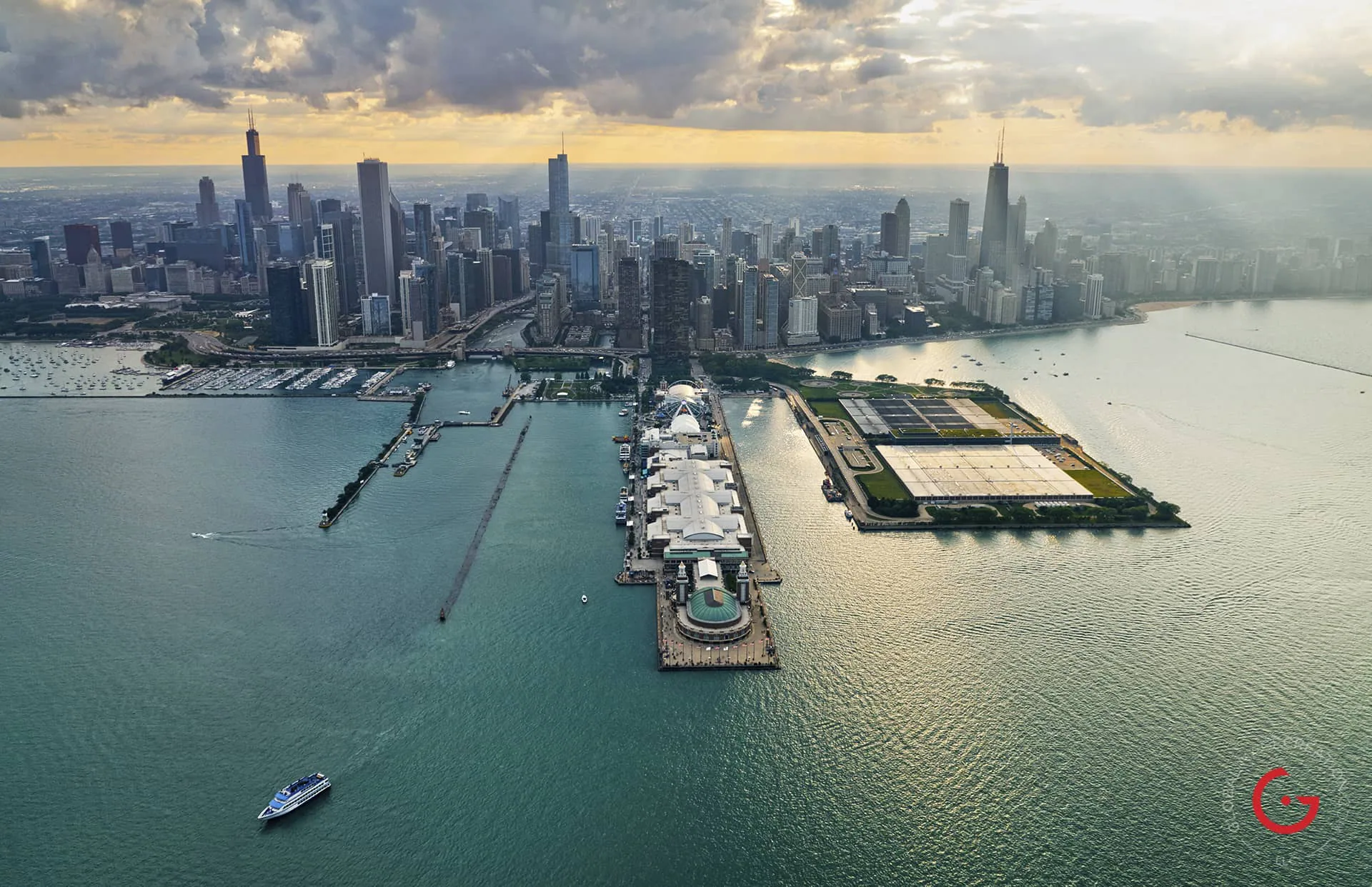 Aerial Photography Chicago Skyline from Over The Lake