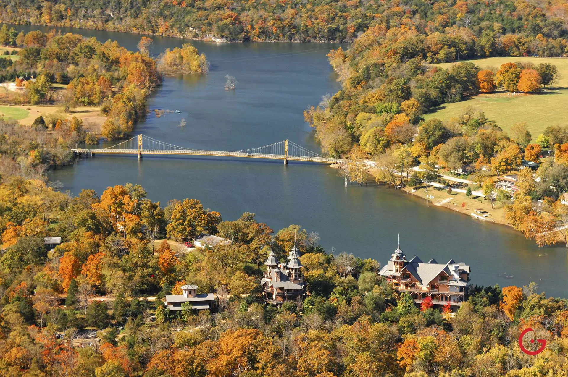 Castle Rogues Manor and The Beaver Bridge from the Air - Eureka Springs, Arkansas Photography