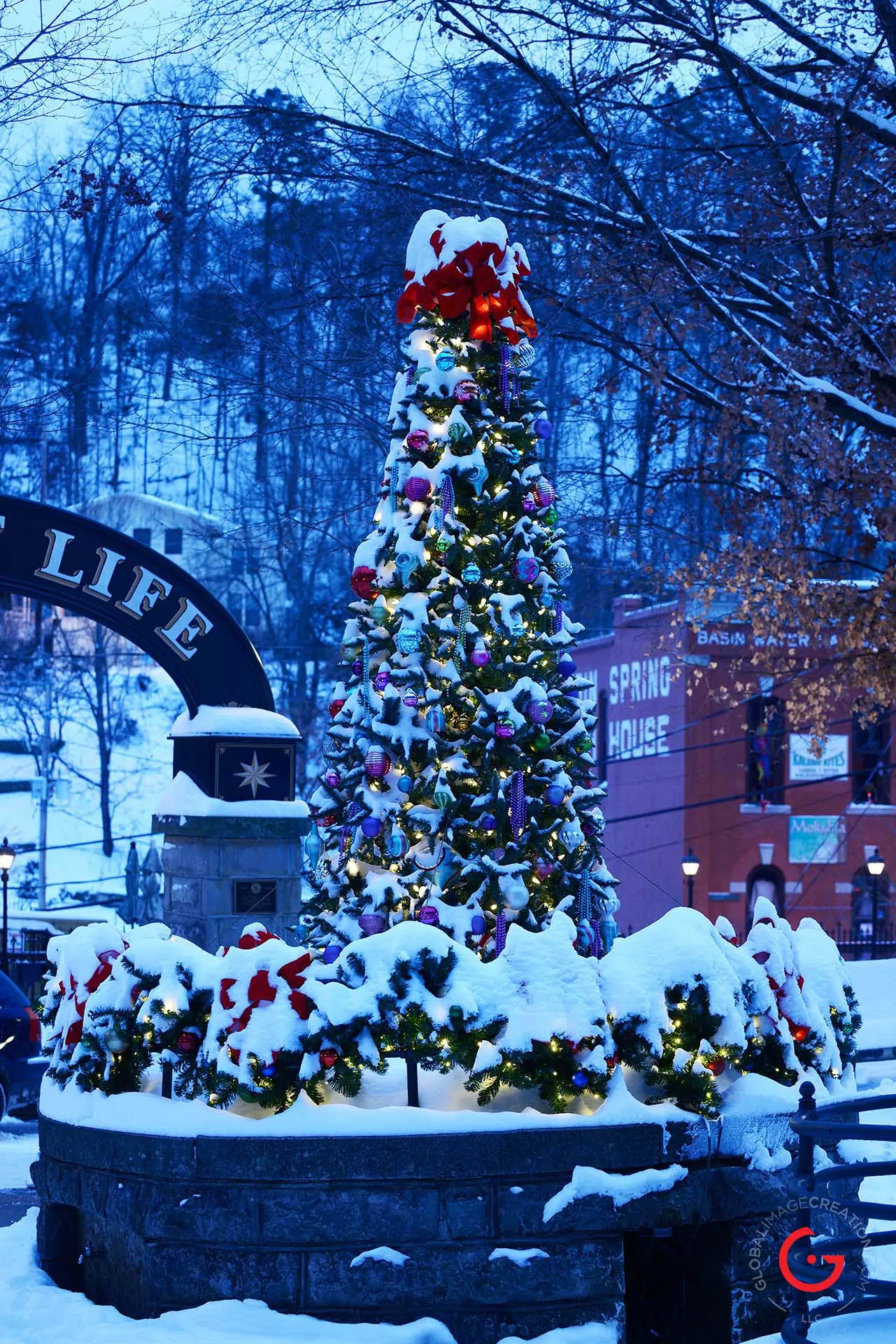 Basin Park Christmas Tree in the Snow - Eureka Springs, Arkansas Photography