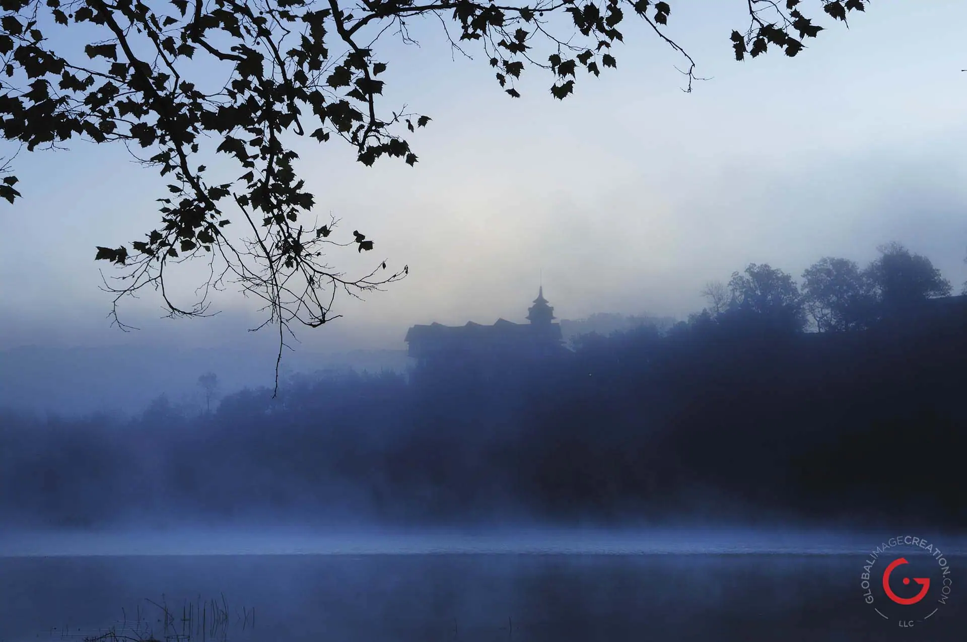 Castle Rogues Manor and the White River in the Fog - Eureka Springs, Arkansas