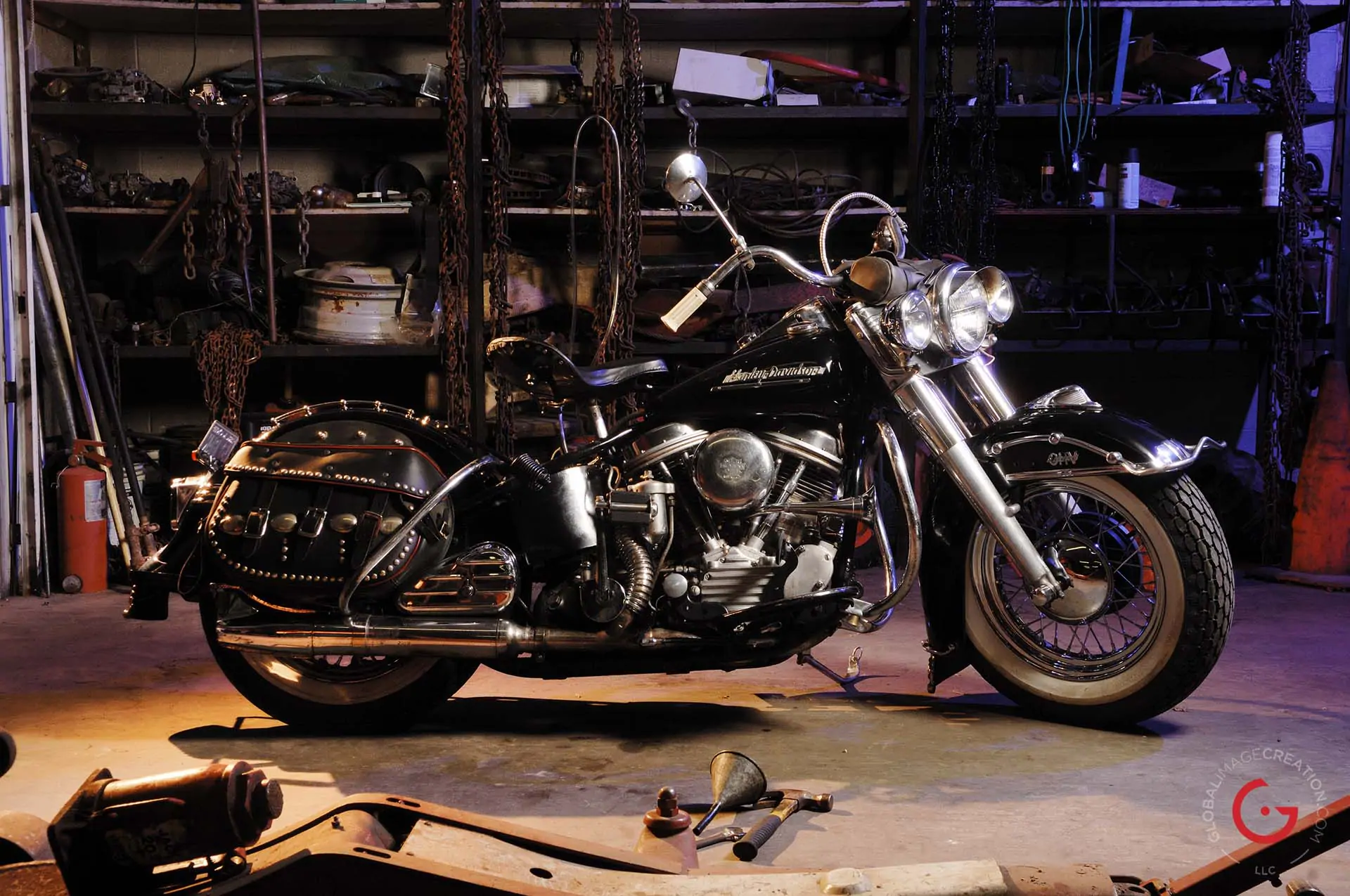 Classic Harley in Garage - Professional Car Photographer, Automotive Photography
