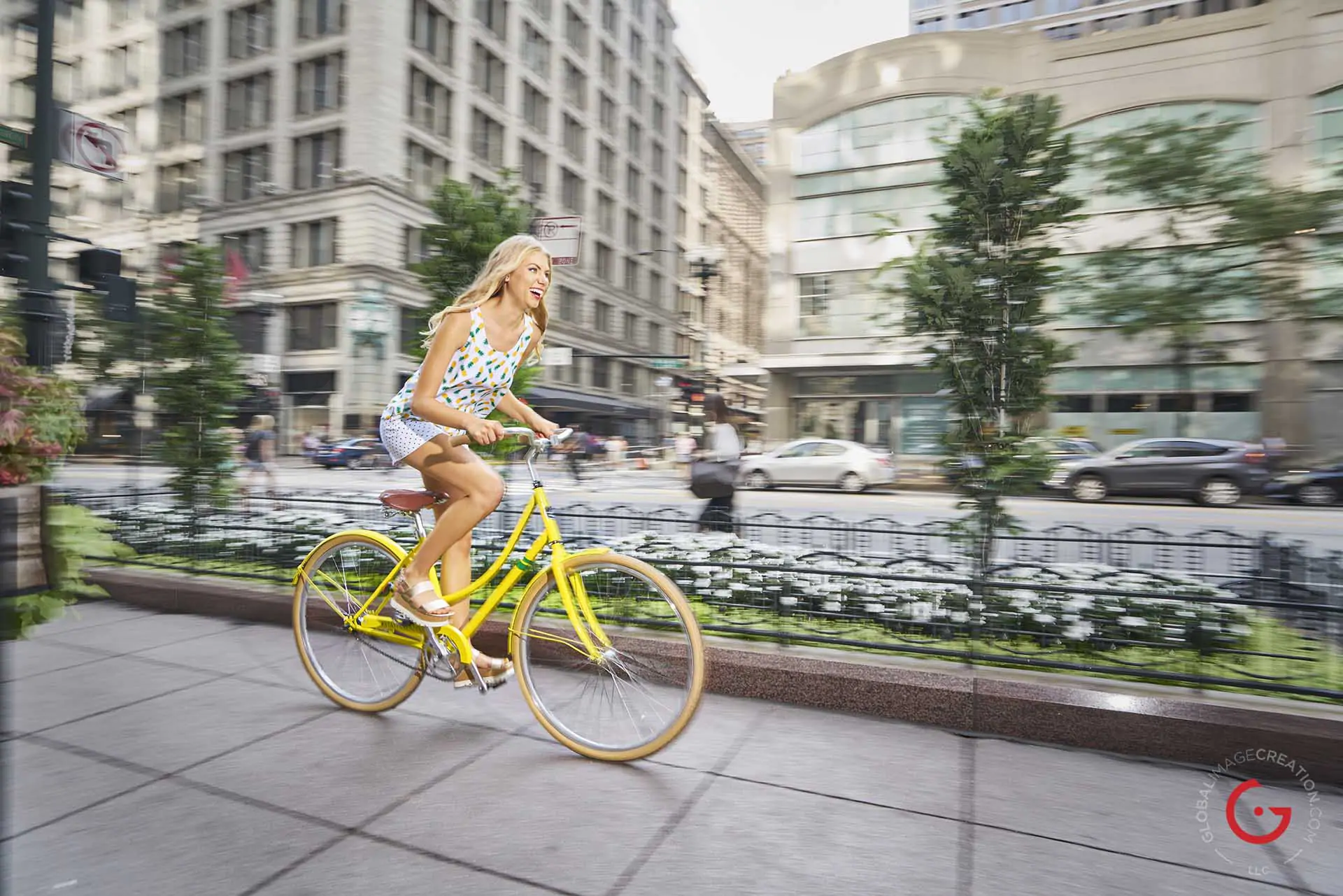 Girl Rides Bike Downtown - Photographer Lifestyle Photography Wardrobe Stylist