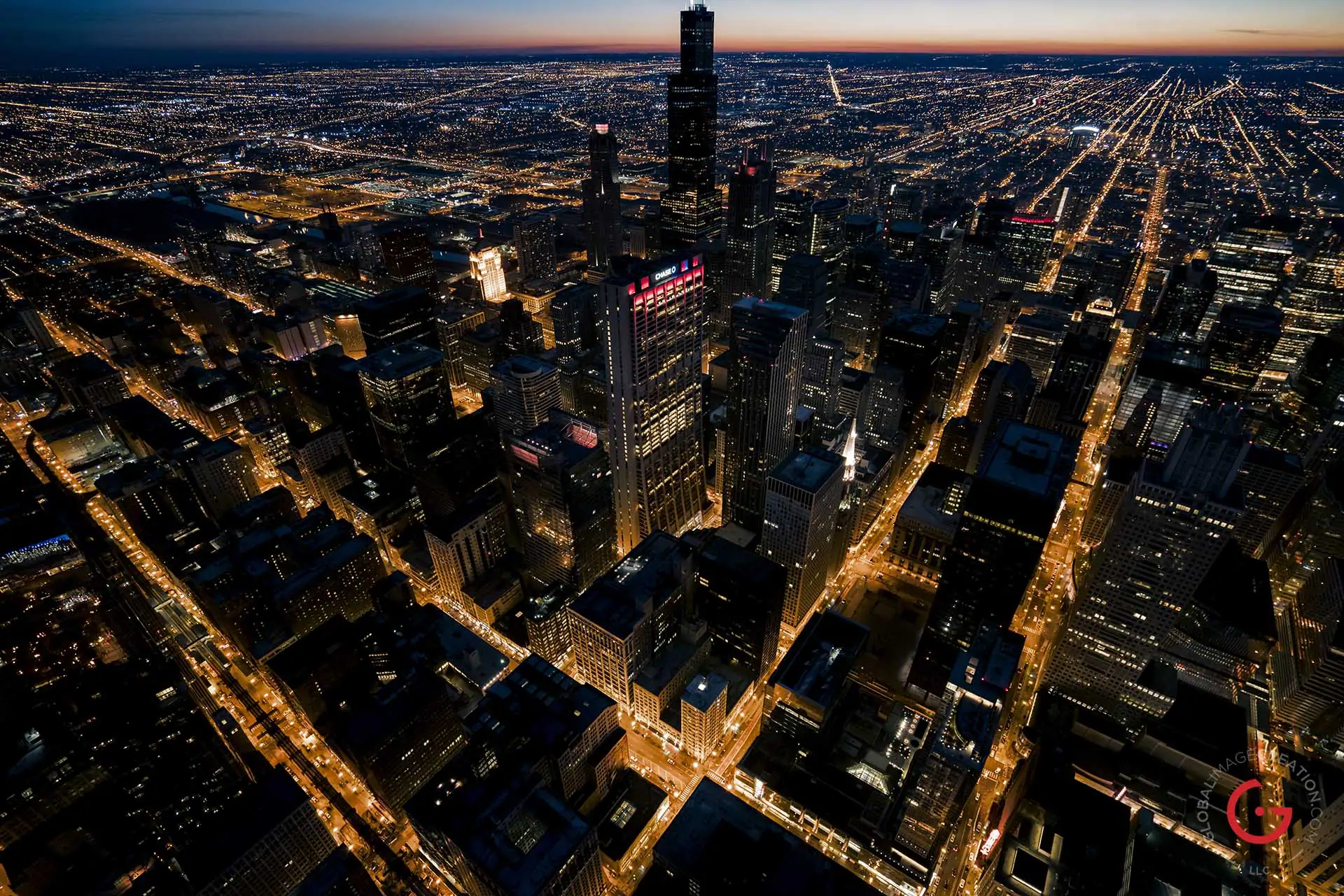 Aerial Photography of Downtown Chicago at Night - Photographer Lifestyle Photography Wardrobe Stylist