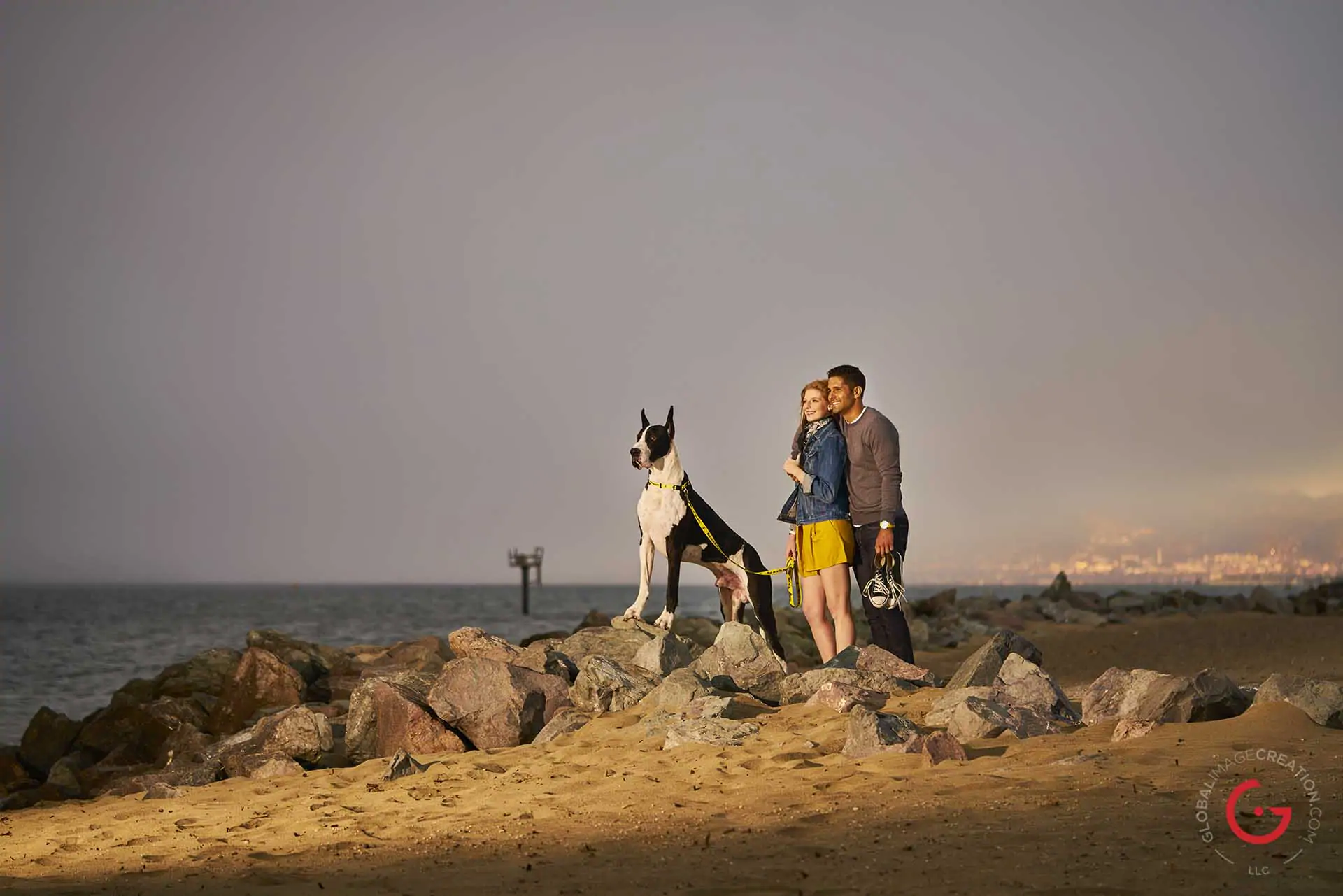 Couple Enjoys Time With Dog on San Francisco Bay - Professional Photographer Lifestyle Photography Wardrobe Stylist