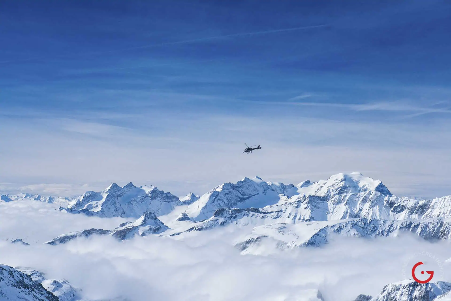 Private Helicopter Flies Over Snow Covered Swiss Alps - Professional Photographer Lifestyle Photography Wardrobe Stylist