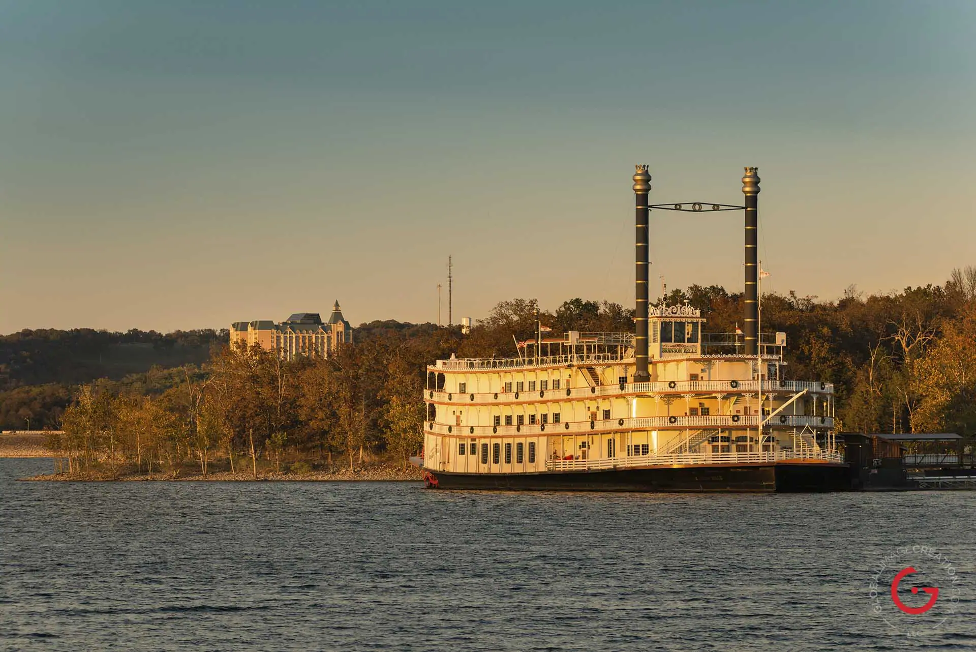 Chateau on the Lake from boat on Table Rock Lake. Showboat Branson Belle in foreground. - Advertising photographers in Branson Missouri, Branson Missouri photography