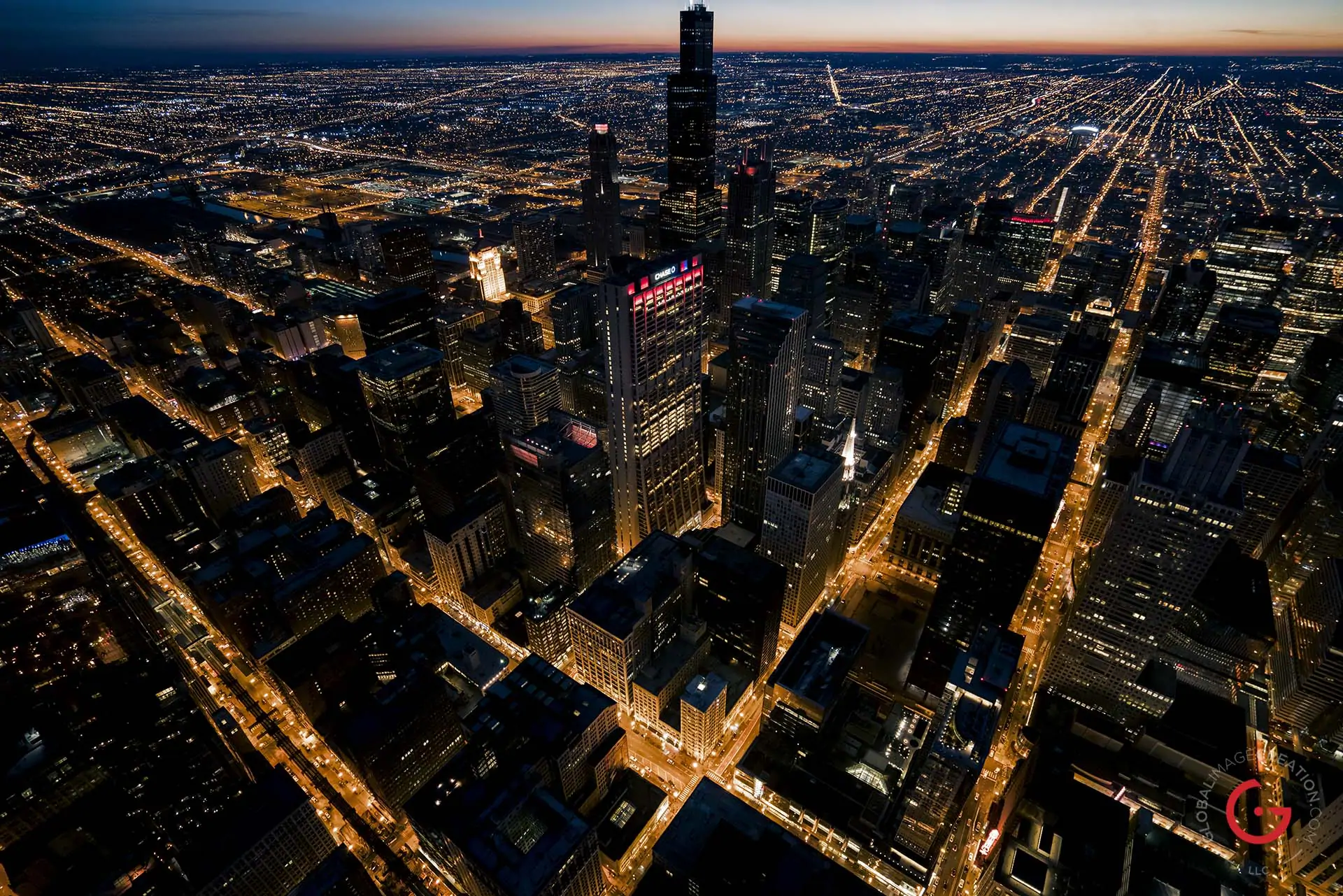 Downtown Chicago Aerial View, State and Washington - Professional Architecture Photographer and Commercial Photography of Buildings
