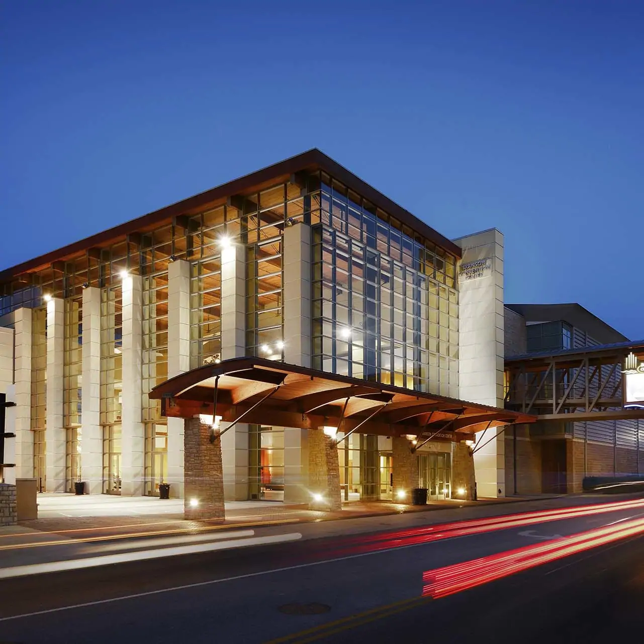 Branson Convention Center main lobby exterior at twilight - Professional Architecture Photographer and Commercial Photography of Buildings