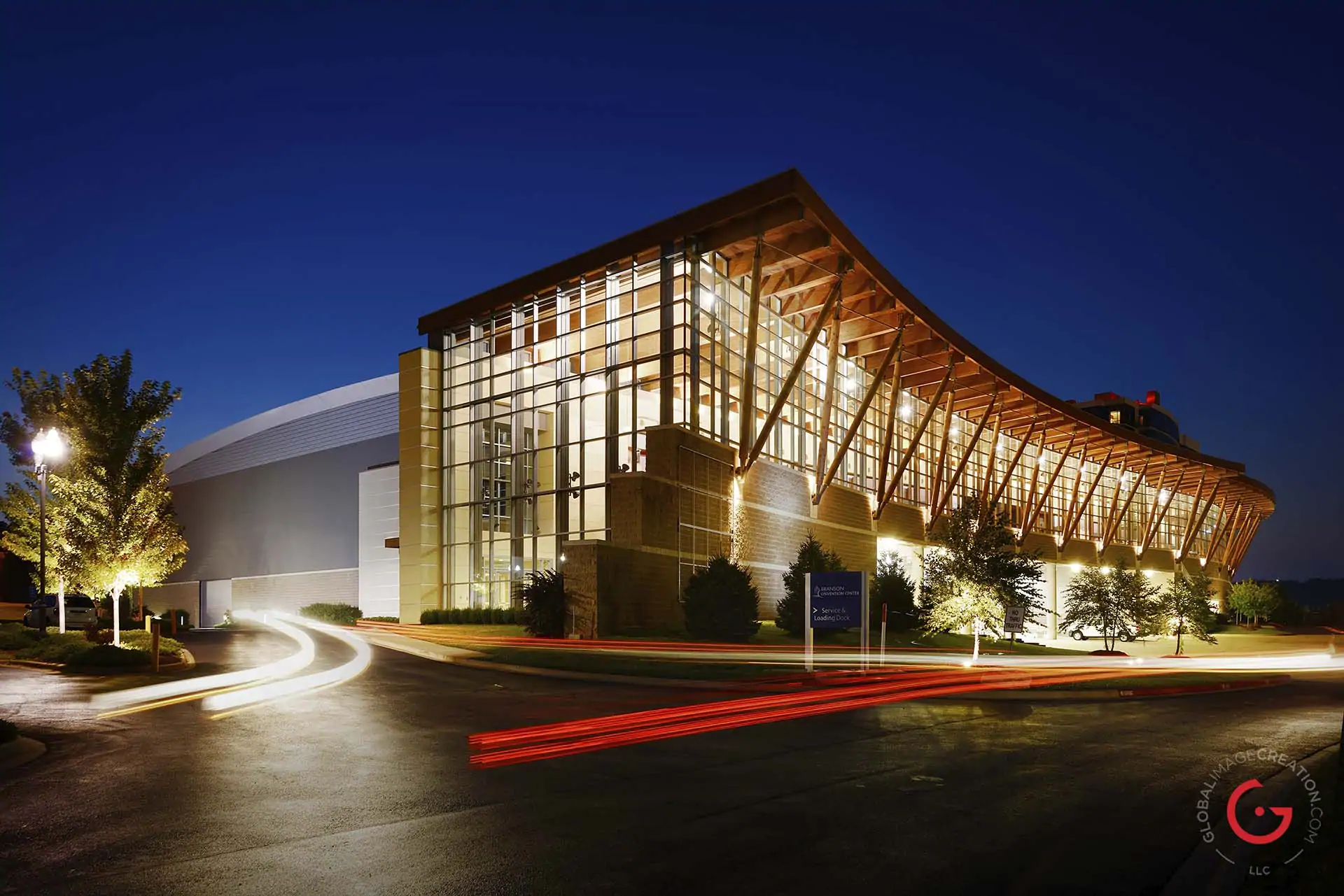 Branson Convention Center night exterior east side in the historic downtown - Professional Architecture Photographer and Commercial Photography of Buildings