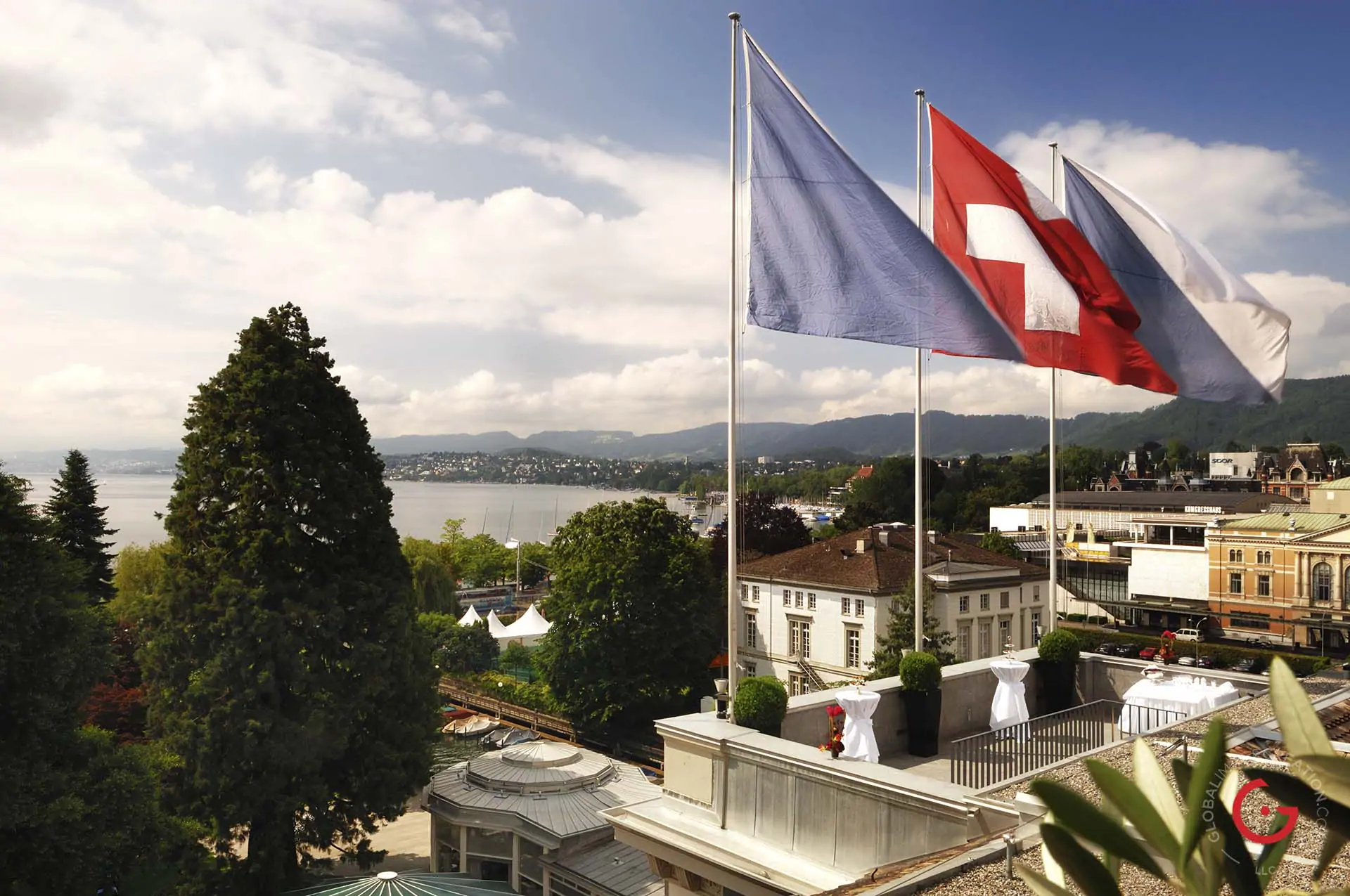 Flags on the Roof of the Baur au Lac - Travel Photographer and Switzerland Photography