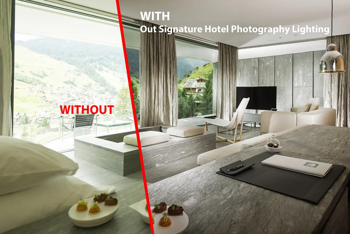 With and Without Hotel Photography Lighting Example