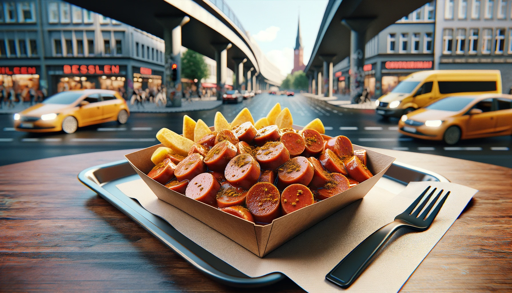 Currywurst sliced into round bite-sized pieces, sprinkled with curry powder in Berlin
